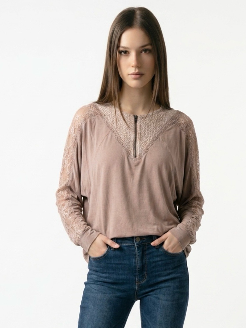 Pol Adley Lace Taupe Mineral Washed Quarter Zip Bohemian Top